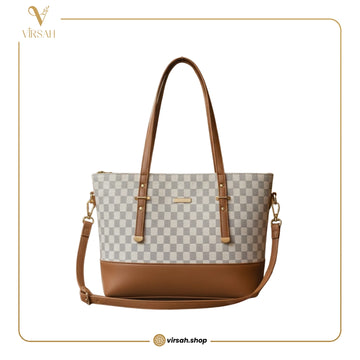 Premium Checkerboard Tote Handbag | Beige & Brown Shoulder Bag