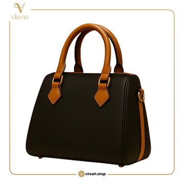 Virsah Classic Black Faux Leather Satchel with Tan Handles