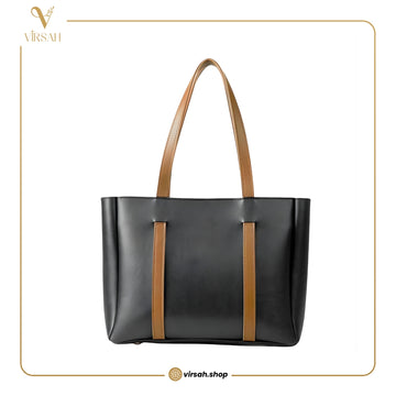 Classic Black Tote Bag with Tan Straps | Elegant Everyday Shoulder Handbag
