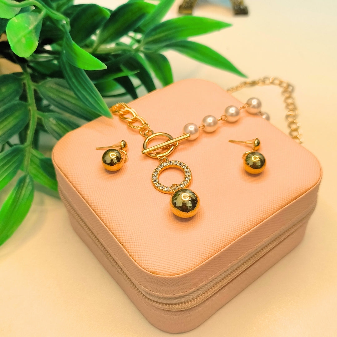 Elegant Pearl & Gold Chain Necklace Set with Round Pendant