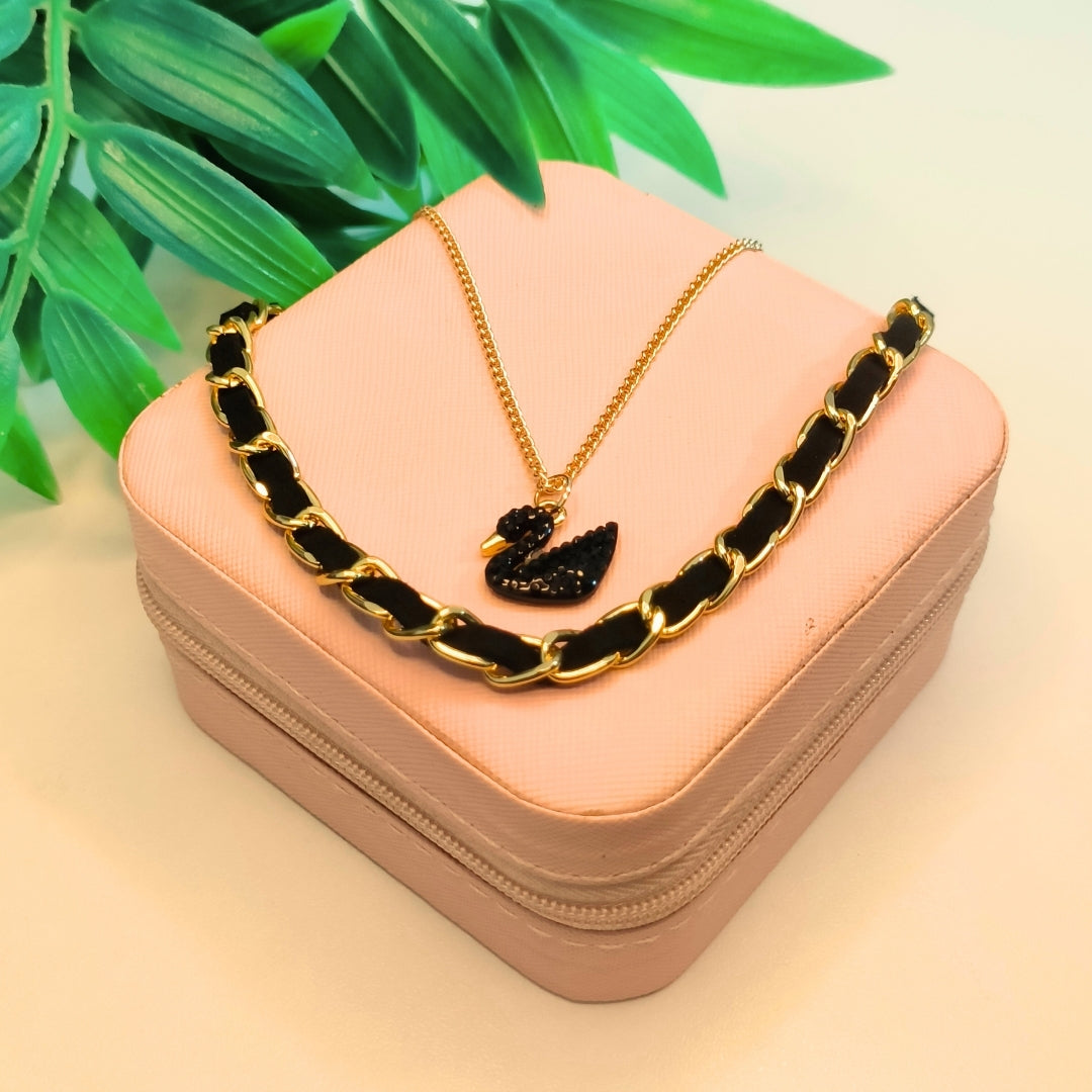 Dual Layer Gold Chain Necklace Set with Black Swan Pendant
