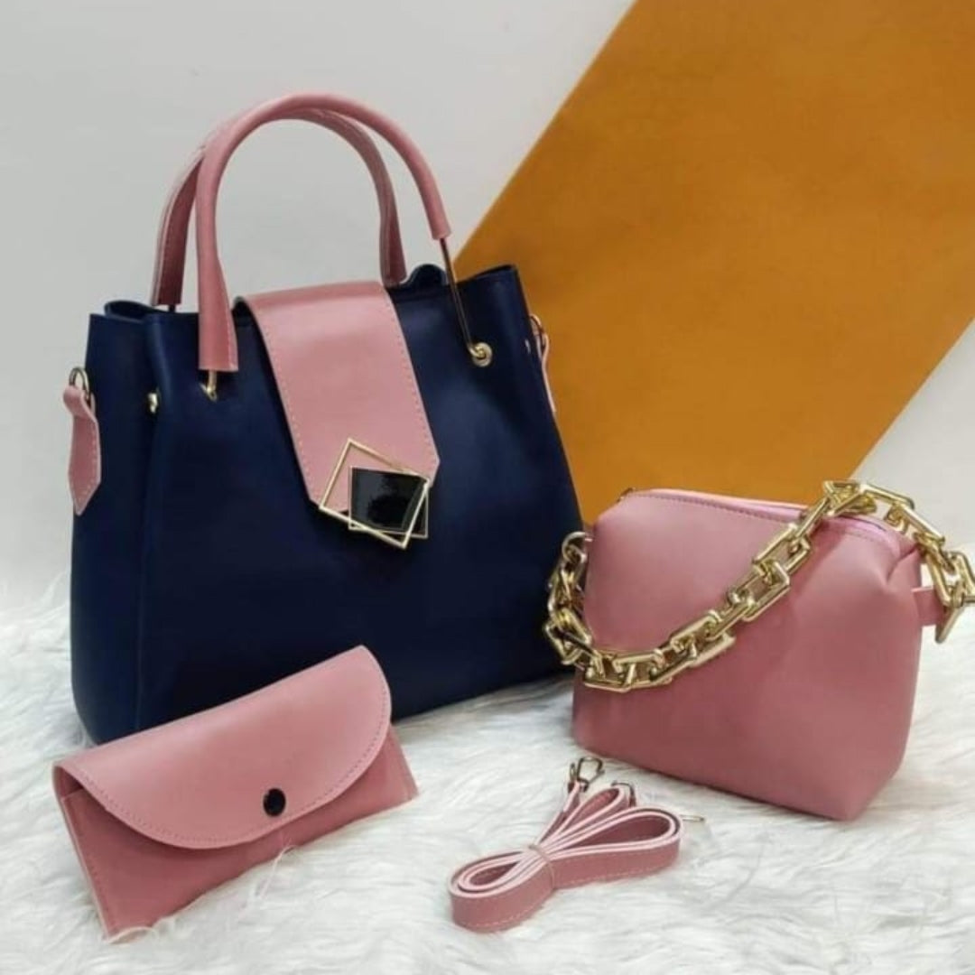 Elegant Brown & Beige Handbag Set for Women | 3-Piece Structured Tote