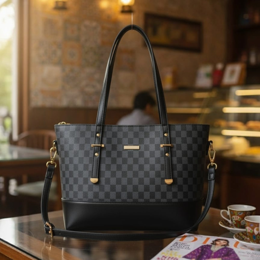 Premium Checkerboard Tote Handbag | Beige & Brown Shoulder Bag