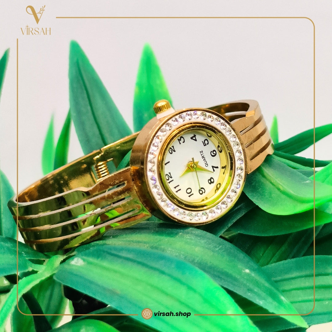 Women’s Gold Bracelet Watch – Crystal Round Dial