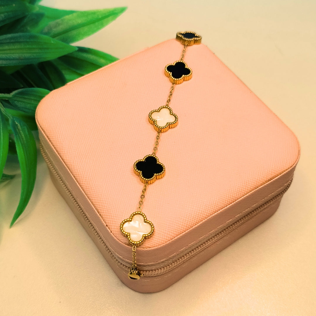 Elegant Black and White Clover Charm Bracelet | Premium Artificial Jewelry for Women