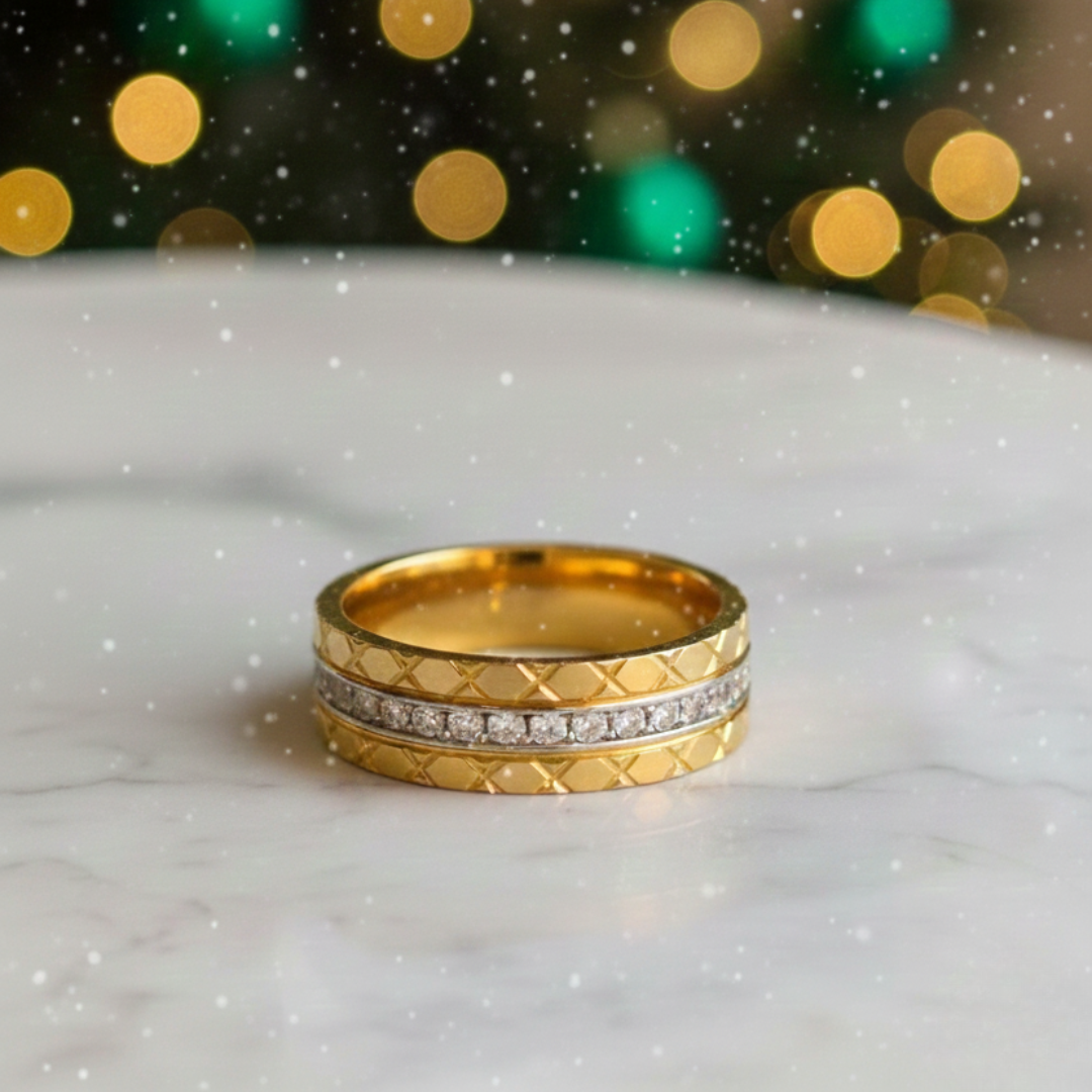 Luxury Gold-Tone Textured Band Ring with Crystal Strip