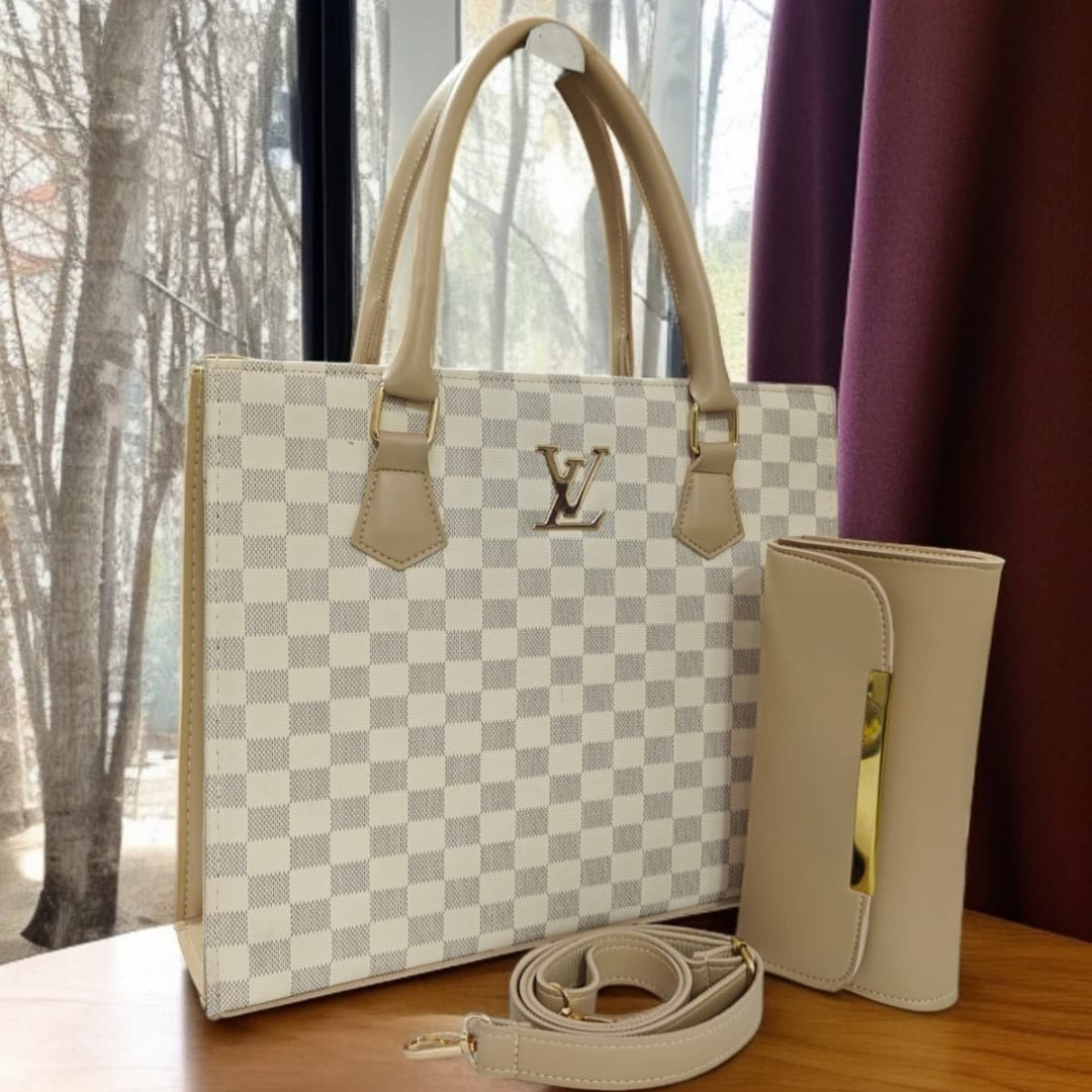 Elegant White Checkered Luxury Tote Handbag Set for Women