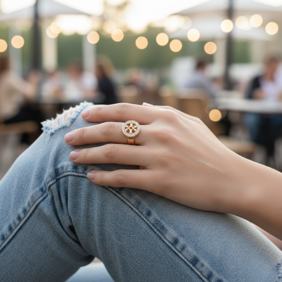 Luxury Gold Color Ring for Women | Crystal Circle Statement Ring