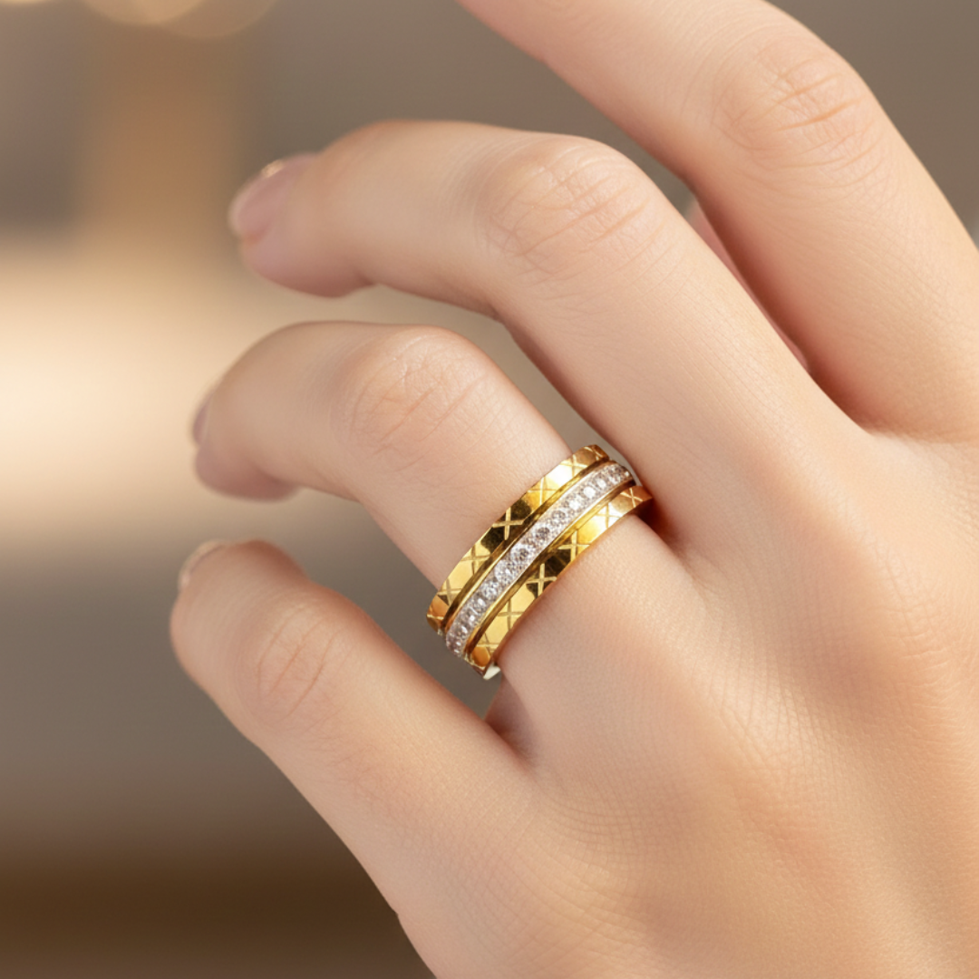 Luxury Gold-Tone Textured Band Ring with Crystal Strip