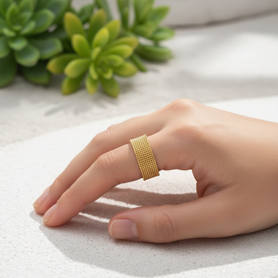 Luxury Gold Mesh Band Ring | Premium Stainless Steel Textured Statement Ring