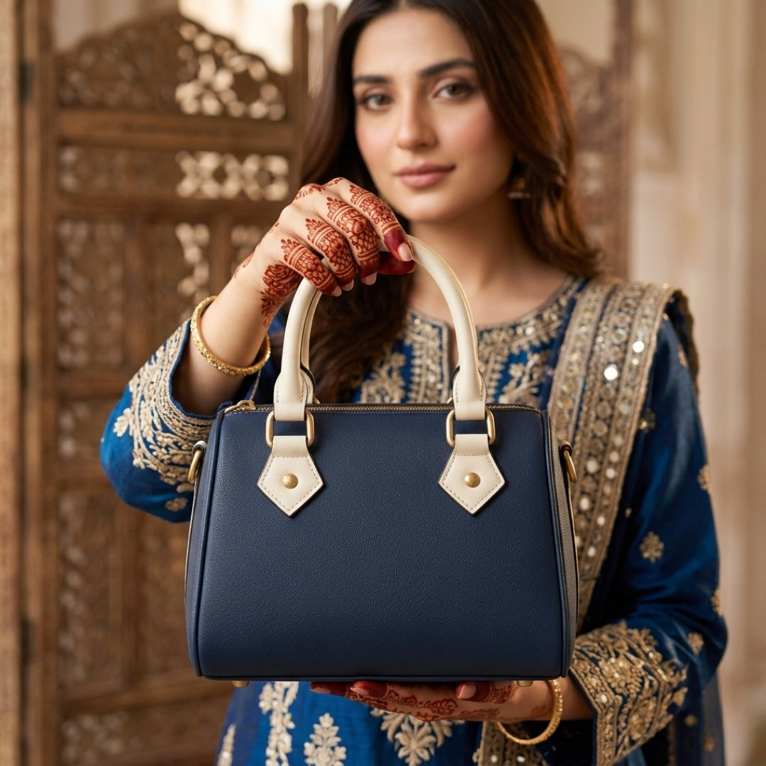 Virsah Classic Black Faux Leather Satchel with Tan Handles