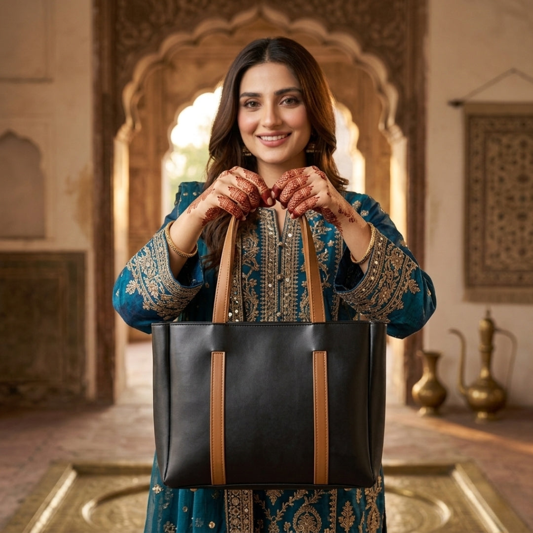 Classic Black Tote Bag with Tan Straps | Elegant Everyday Shoulder Handbag