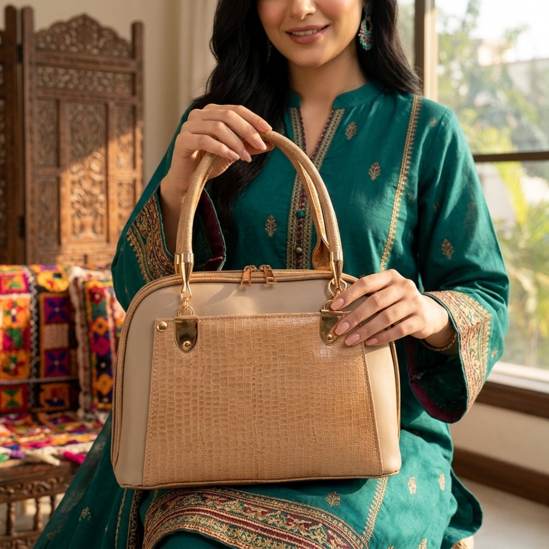 Premium Beige Croc-Texture Handbag – Elegant & Everyday Stylish
