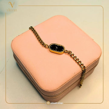 Virsah Gold Chain Bracelet with Black Oval Dial
