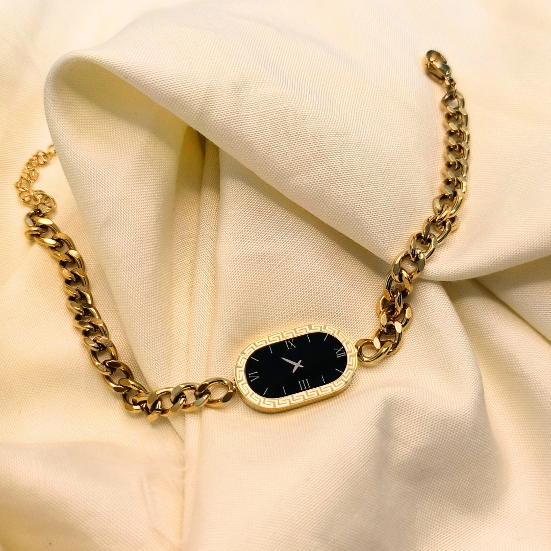 Virsah Gold Chain Bracelet with Black Oval Dial