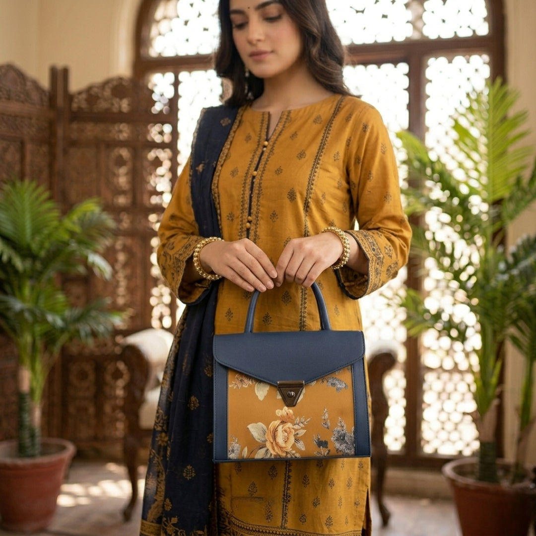 Elegant Blue Floral Panel Handbag | Premium Shoulder & Crossbody Bag