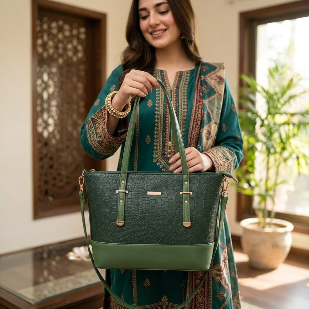 Elegant Green Croc-Texture Tote Bag | Premium Shoulder & Handbag for Women