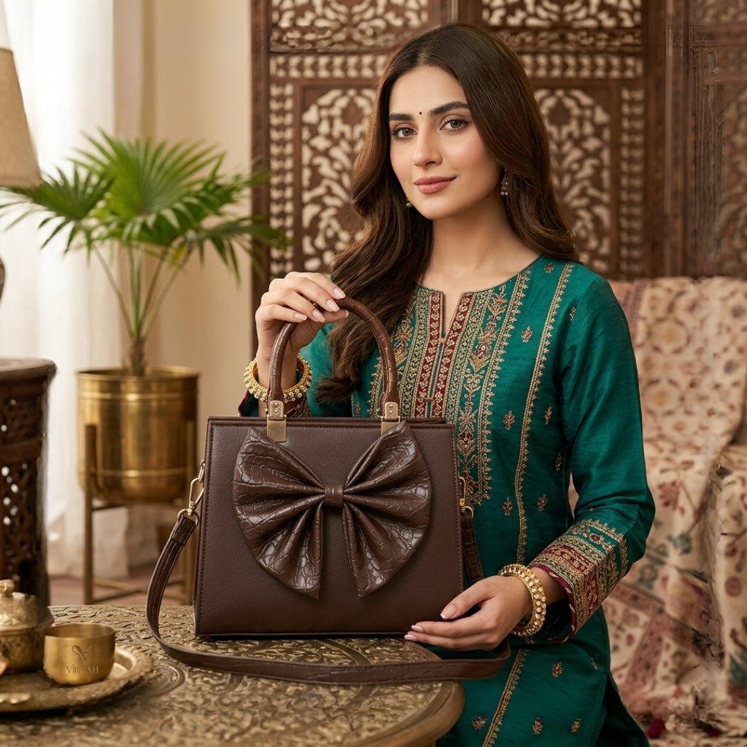 Premium Bow Accent Handbag – Chocolate Brown | Virsah Exclusive Collection