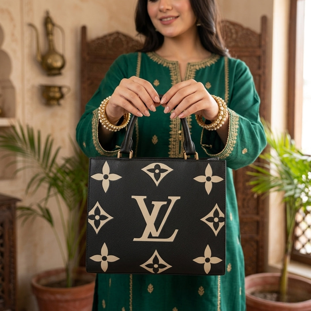 Premium Designer-Inspired Monogram Handbag | Black & Beige Tote
