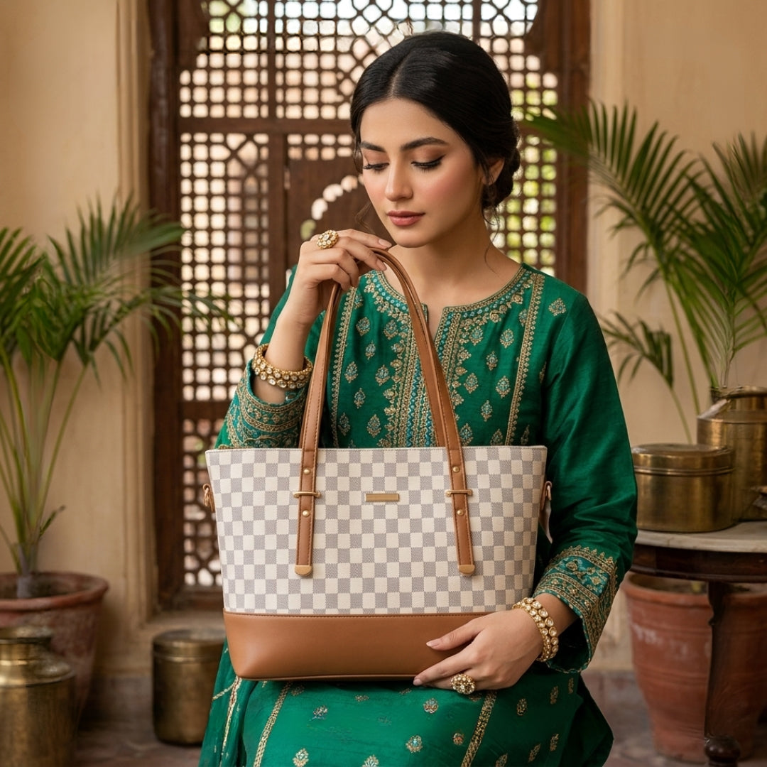Premium Checkerboard Tote Handbag | Beige & Brown Shoulder Bag