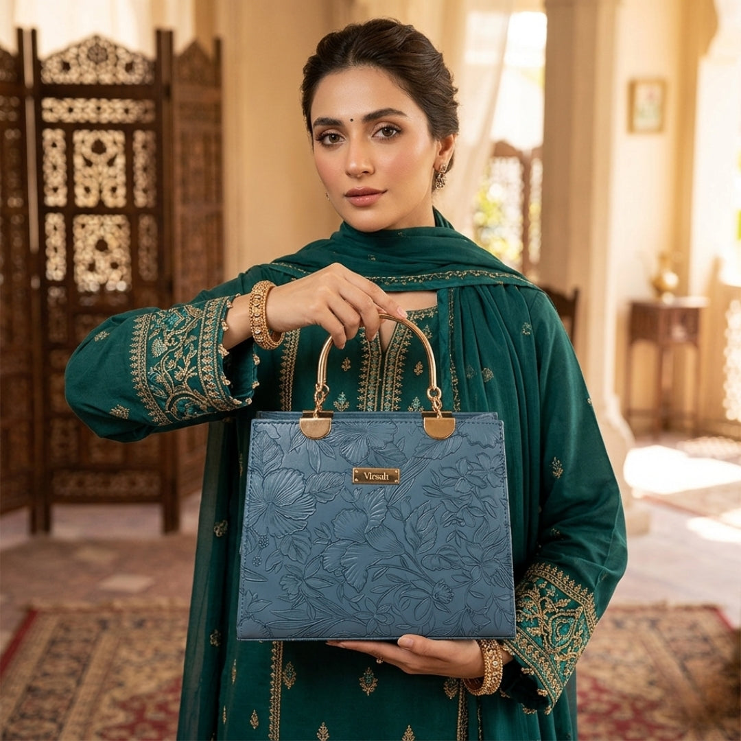 Premium Embossed Floral Handbag – Blue | Virsah Exclusive Collection