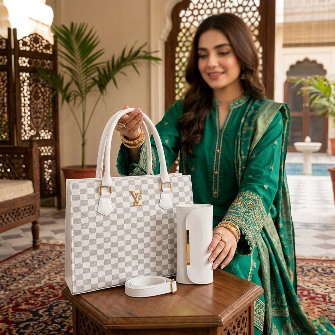 Elegant White Checkered Luxury Tote Handbag Set for Women