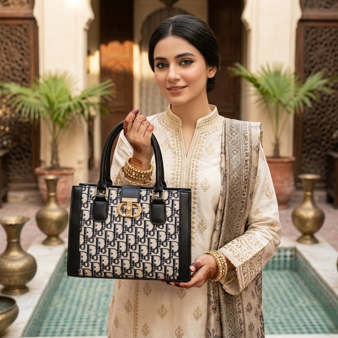 Premium Black & White Designer Monogram Handbag for Women