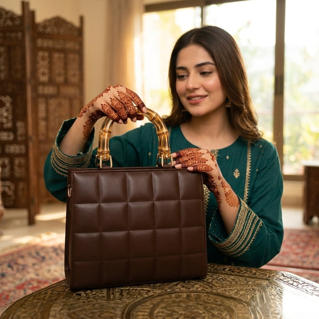 Luxury Chocolate Brown Quilted Handbag for Women | Bamboo Handle Tote