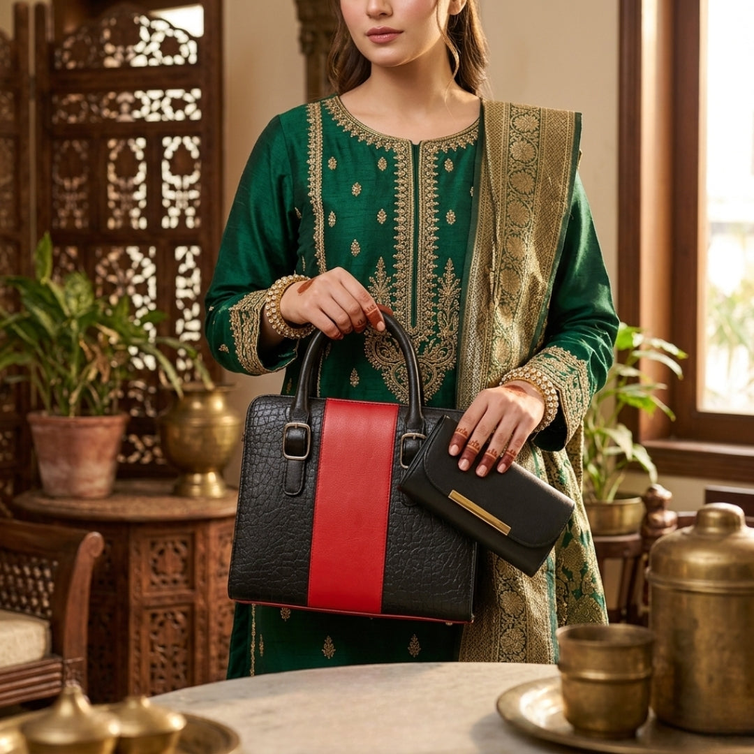 Luxury Black & Red Stripe Handbag for Women | Premium PU Leather Tote with Free Pouch