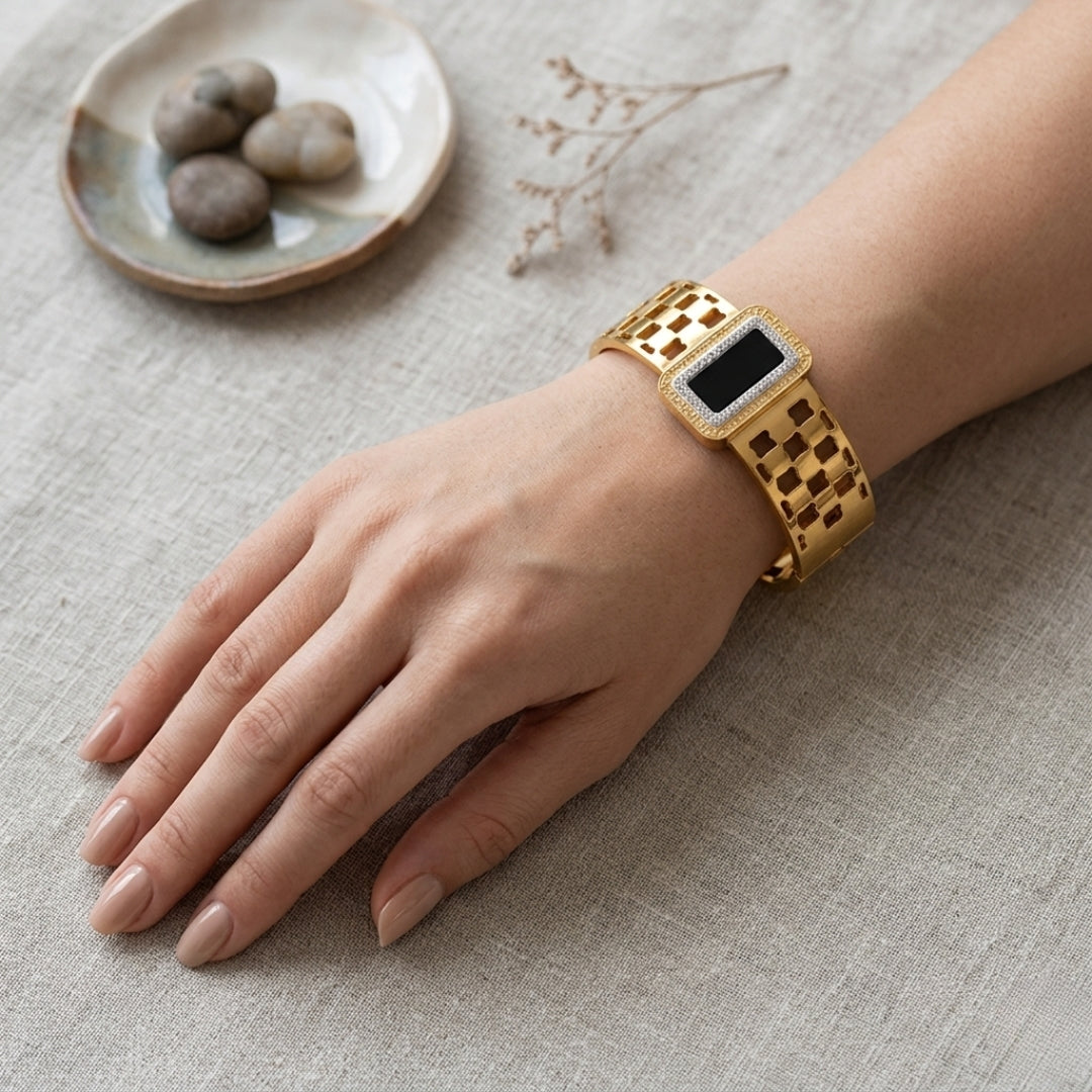 Virsah Rectangular Black Stone Gold-Tone Bracelet For Women, Girls