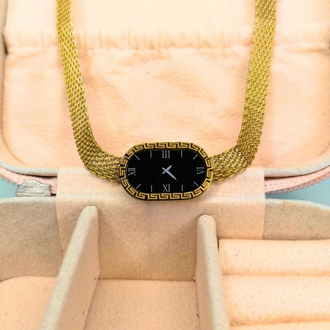 Virsah Gold Chain Bracelet with Black Oval Dial