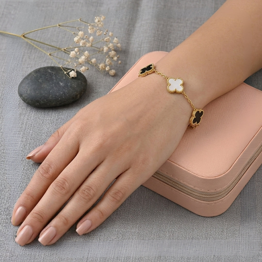 Elegant Black and White Clover Charm Bracelet | Premium Artificial Jewelry for Women