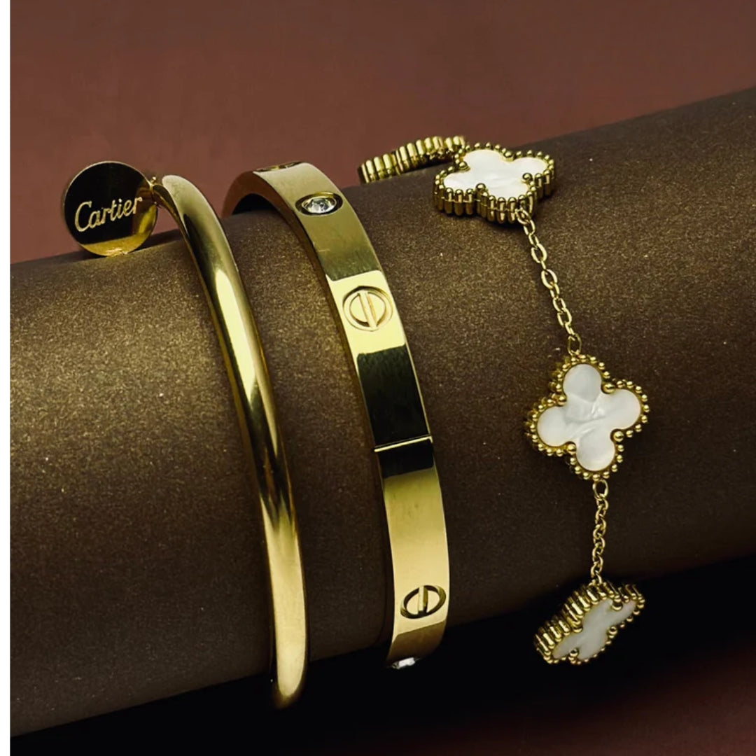 Deal of 3 For women, Girls | Nail Bangle + Crystal Screw Bangle + Clover Chain Bracelet