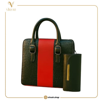 Luxury Black & Red Stripe Handbag for Women | Premium PU Leather Tote with Free Pouch
