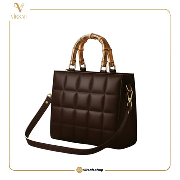 Luxury Chocolate Brown Quilted Handbag for Women | Bamboo Handle Tote