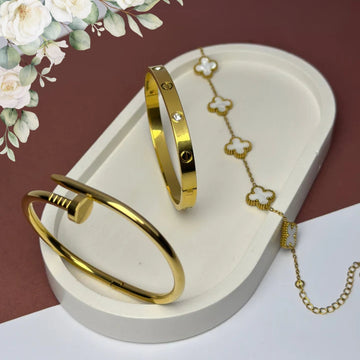 Deal of 3 For women, Girls | Nail Bangle + Crystal Screw Bangle + Clover Chain Bracelet