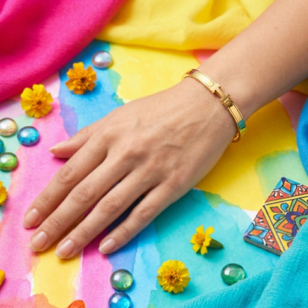 Virsah Premium Gold-Tone “H” Bangle Bracelet – Elegant Artificial Jewelry for Women