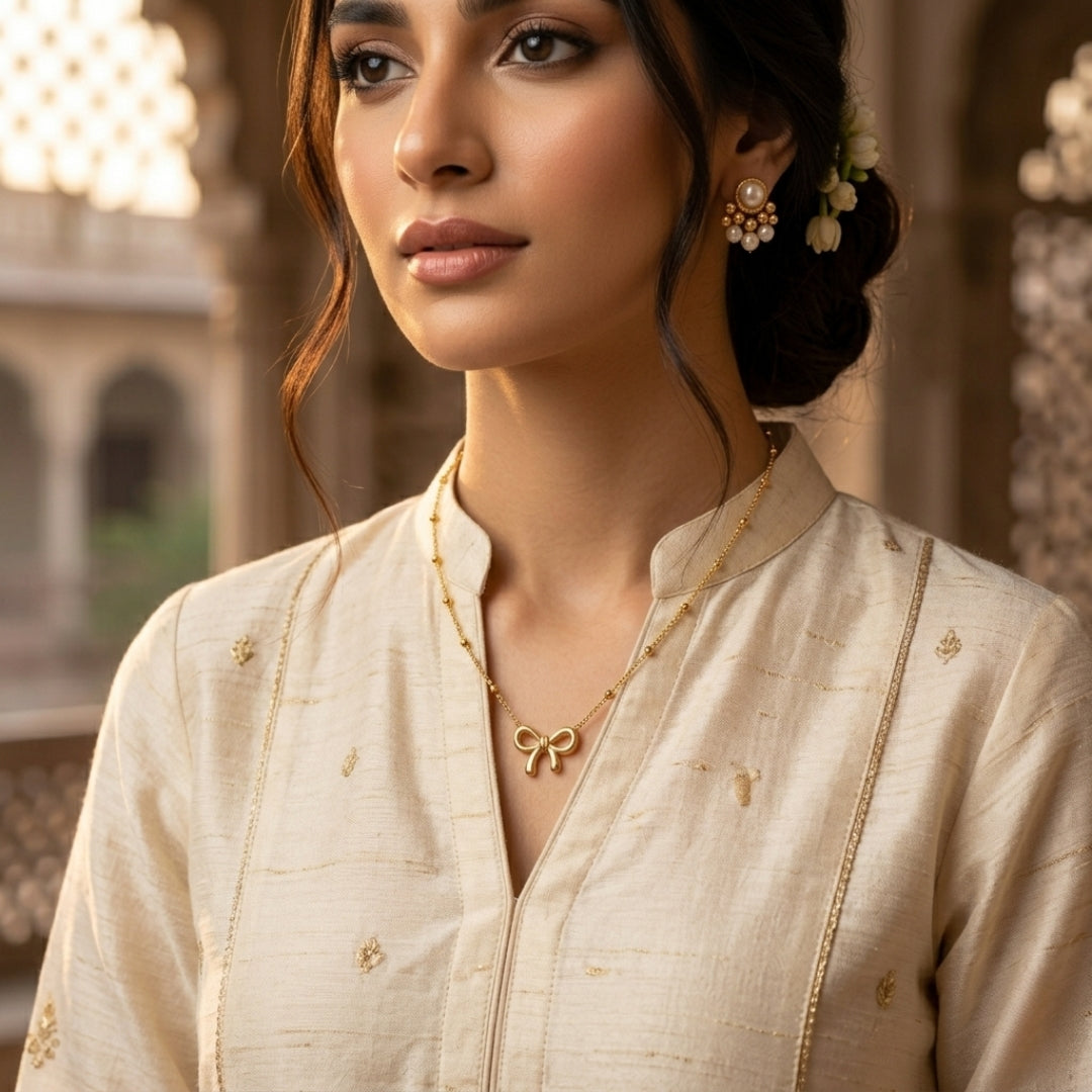 Virsah Gold Bow Pendant Necklace | Elegant Artificial Chain for Women