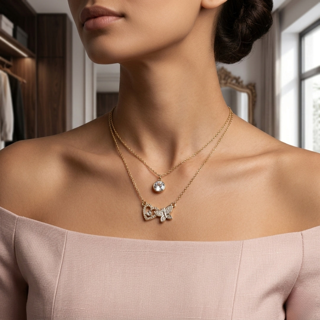 Virsah Double-Layer Heart & Flower Pendant Necklace