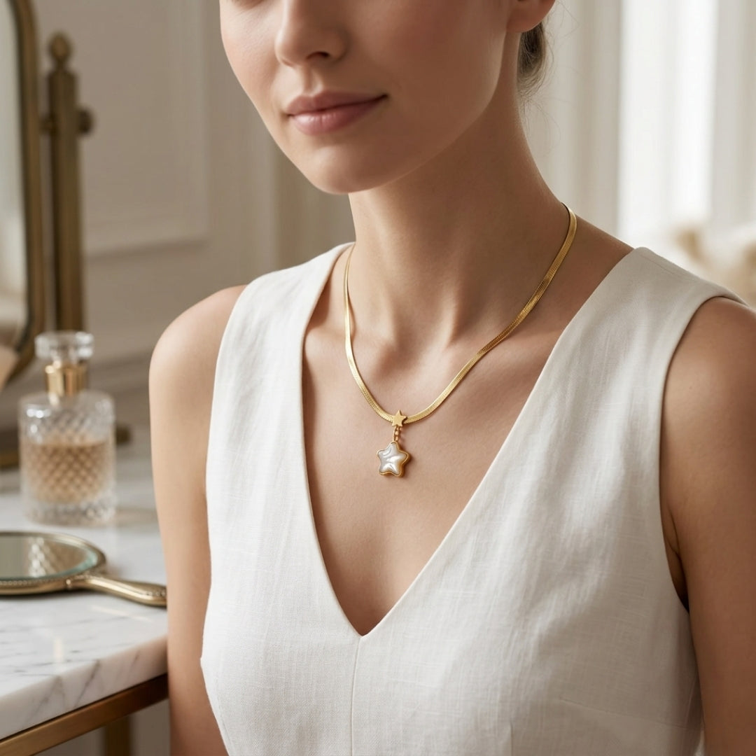 Virsah Gold Star Pendant Necklace | Elegant Golden Chain with Pearl Star Charm for Women