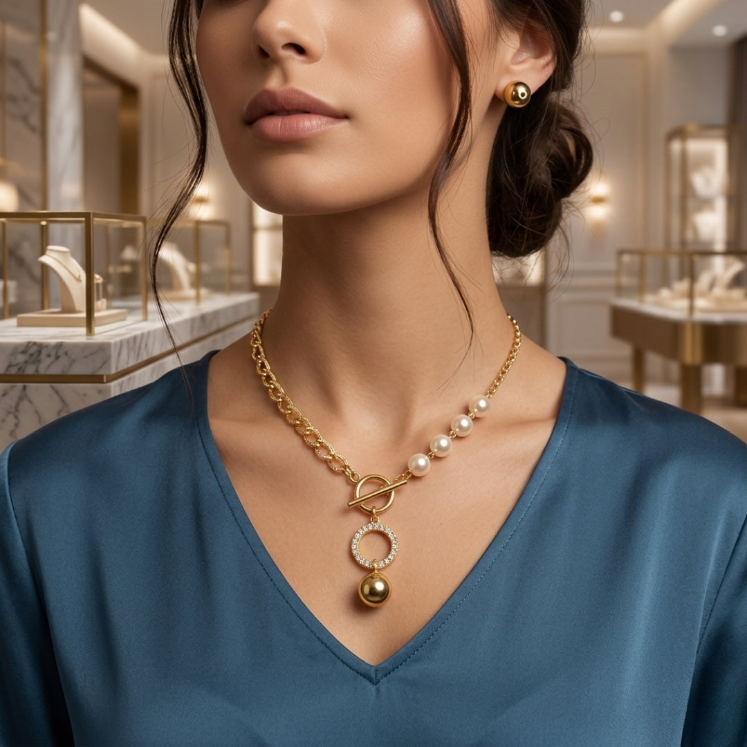 Elegant Pearl & Gold Chain Necklace Set with Round Pendant