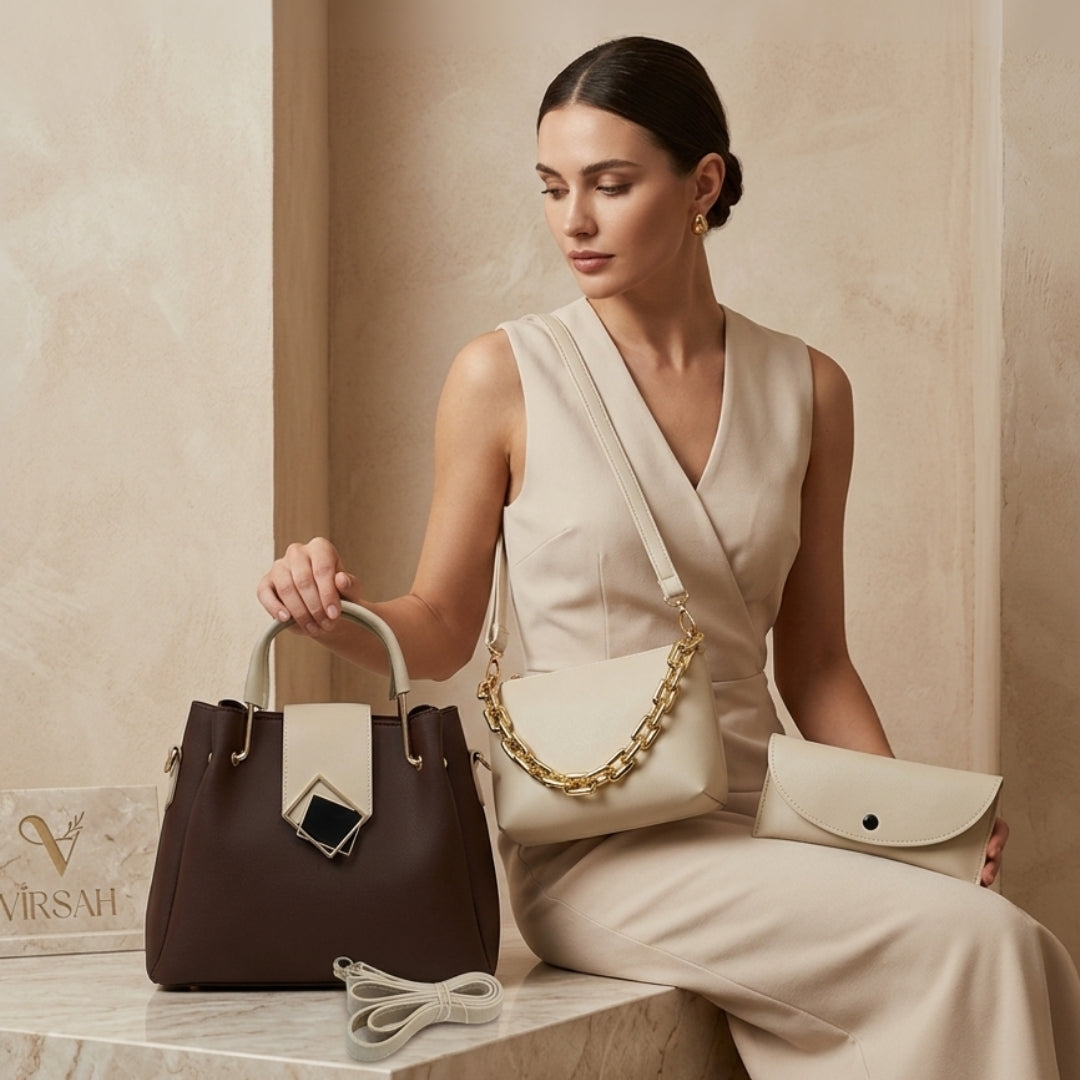 Elegant Brown & Beige Handbag Set for Women | 3-Piece Structured Tote