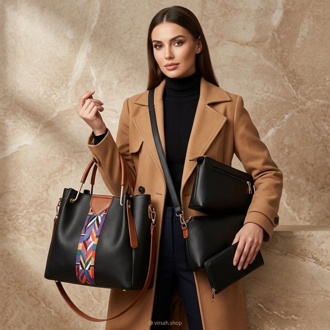 Luxury Black Structured Handbag Set for Women | Tote, Crossbody & Organizer Pouch