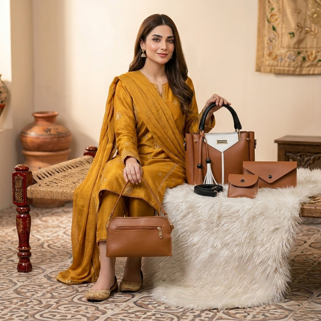 Luxury Brown Handbag Set for Women | 4-Piece Premium Tote