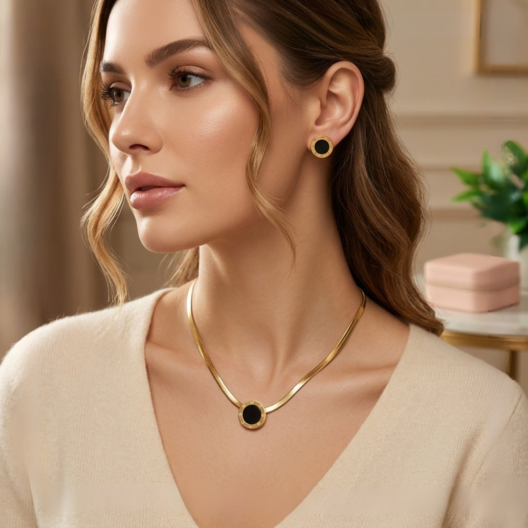 Virsah Black Elegance Necklace Set | Dual-Tone Gold & Black Round Pendant