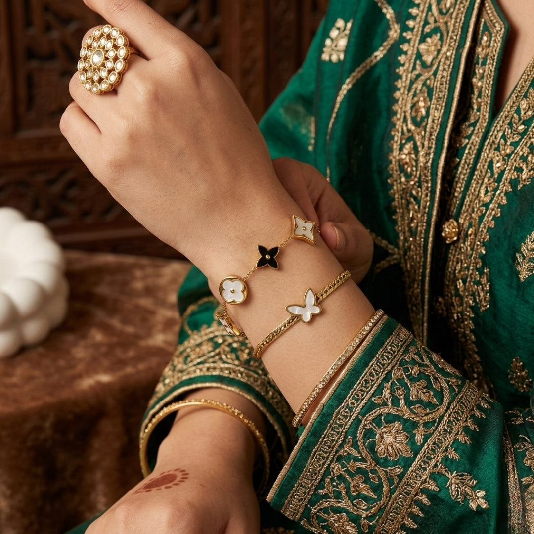 Premium Luxe Charm Bracelet Set | Mother-of-Pearl & Black Enamel Desig
