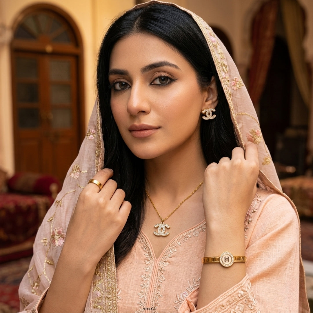 Elegant Gold-Plated Crystal Jewelry Set for Women | Necklace, Earrings, Ring & Bracelet