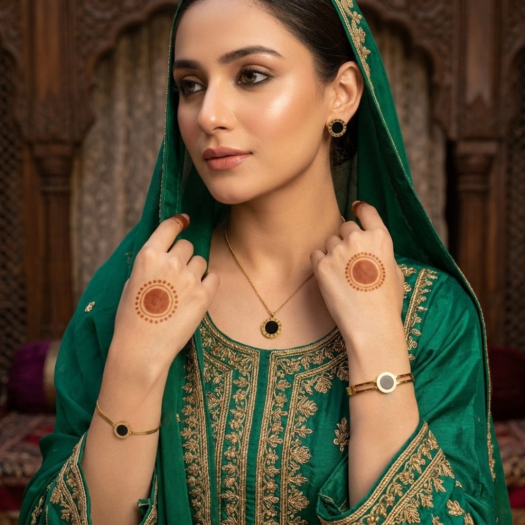 Premium Black Round Emblem Jewelry Set (4-Piece) | Luxury Women’s Collection