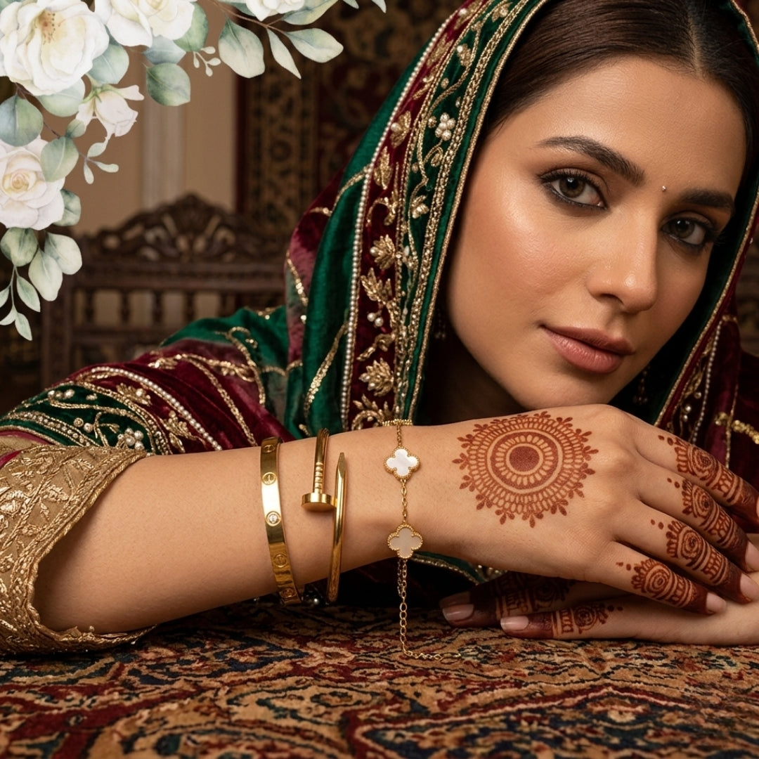 Deal of 3 For women, Girls | Nail Bangle + Crystal Screw Bangle + Clover Chain Bracelet