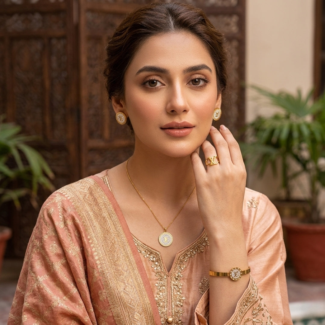 Crystal Radiance Round Gold-Plated Jewelry Set | Artificial Jewelry for Women